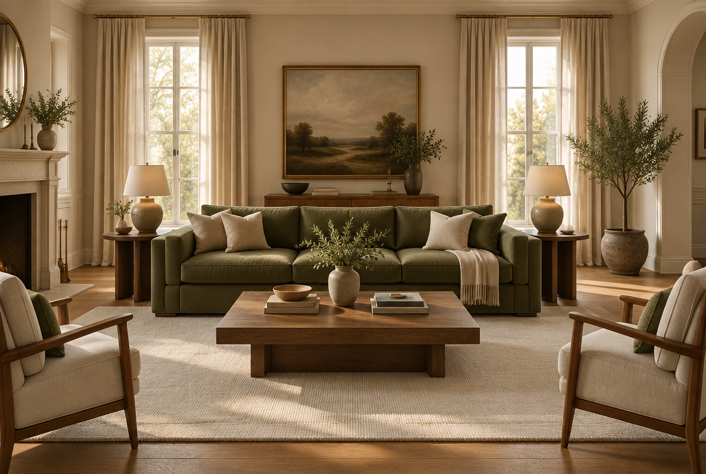 Olive green couch anchored by a cream area rug in a warm neutral living room