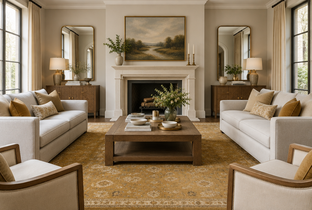 Light grey couch with a mustard gold patterned area rug