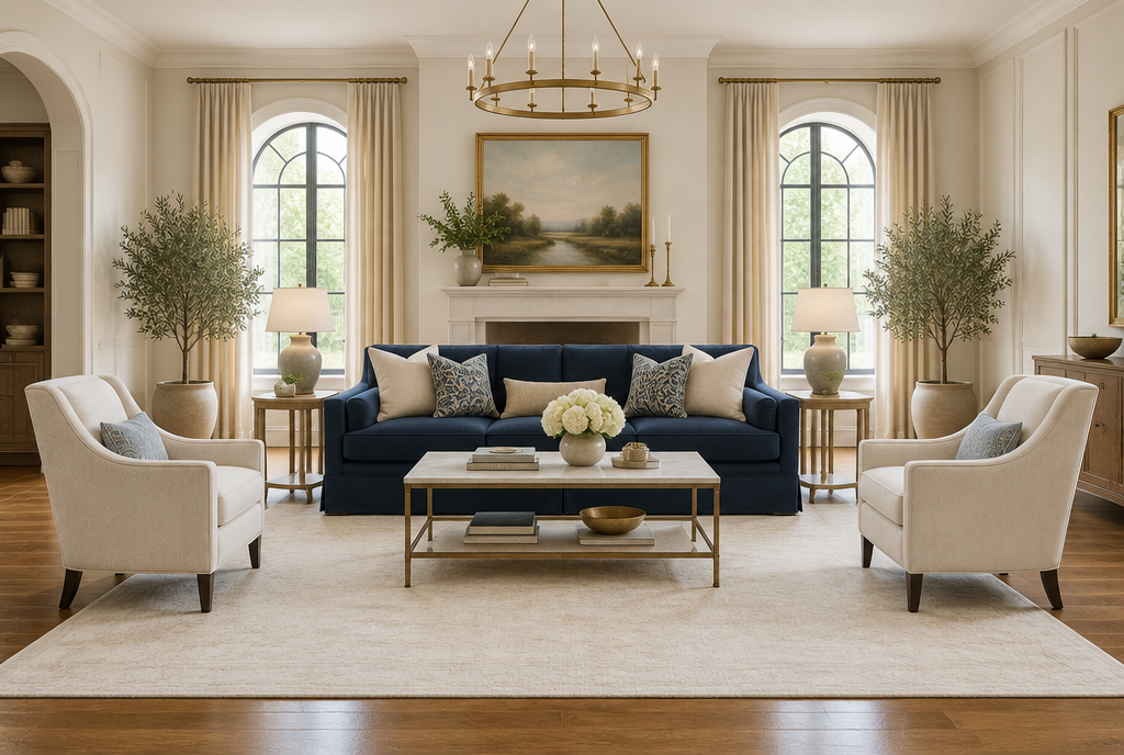 Navy blue couch with an ivory cream area rug over warm wood floors