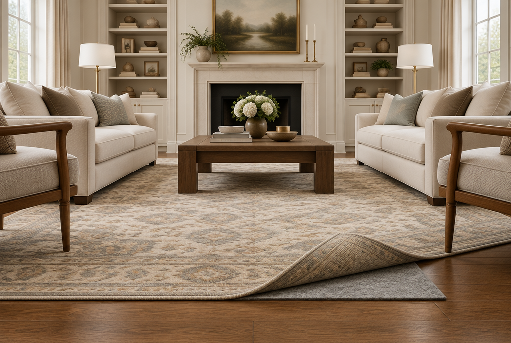 Area rug corner lifted to show a felt rug pad on hardwood floor