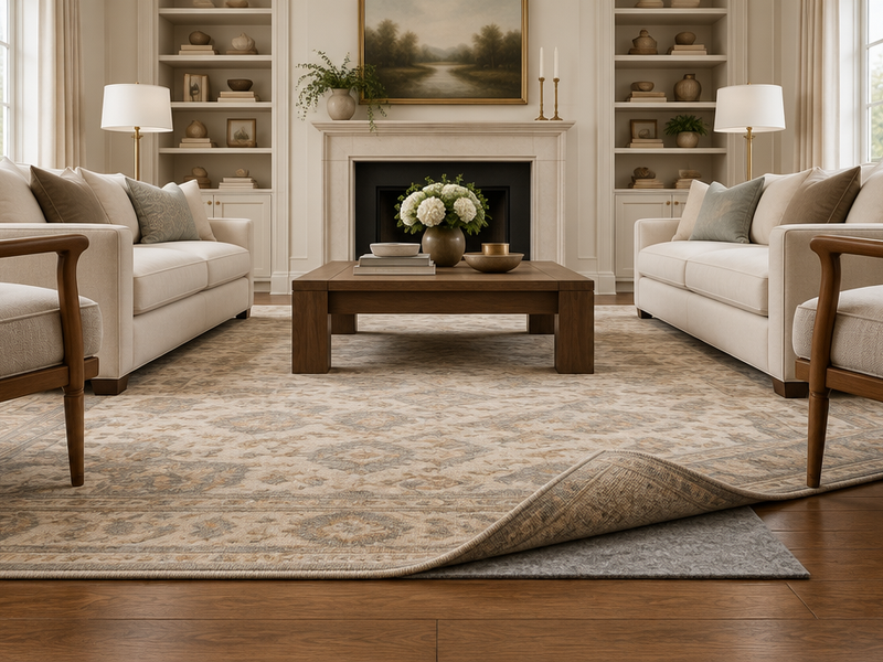 Area rug corner lifted to show a felt rug pad on hardwood floor