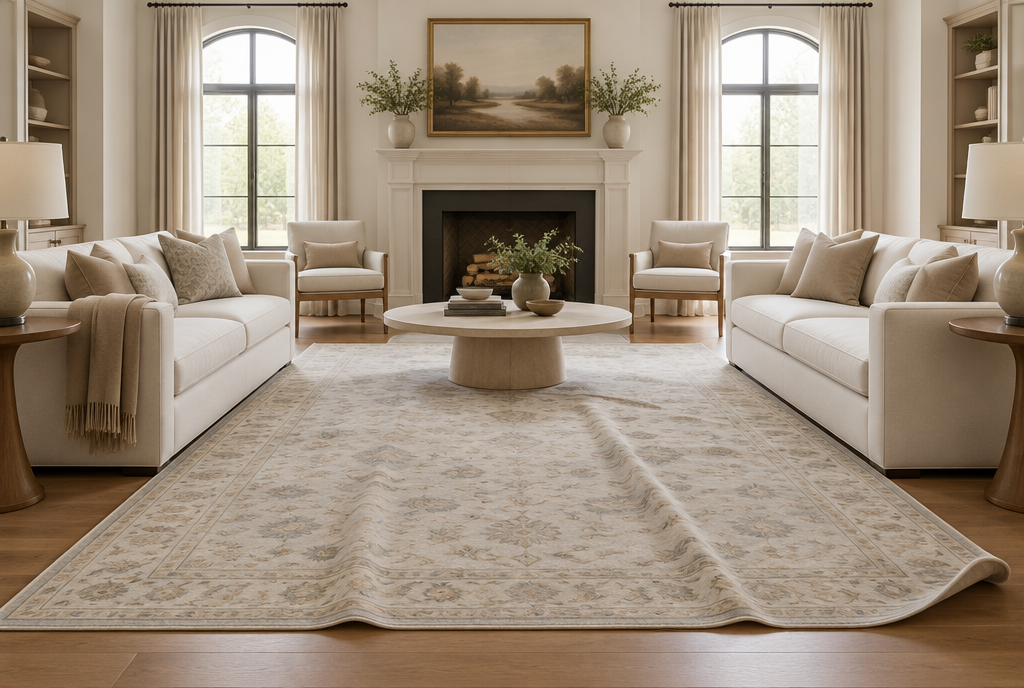 Freshly unrolled area rug showing shipping creases and a curling corner on a hardwood floor