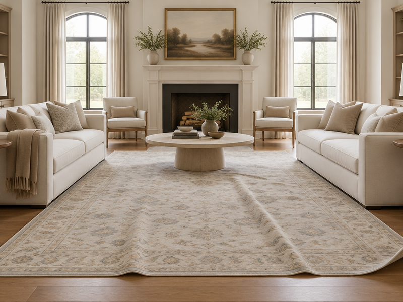 Freshly unrolled area rug showing shipping creases and a curling corner on a hardwood floor