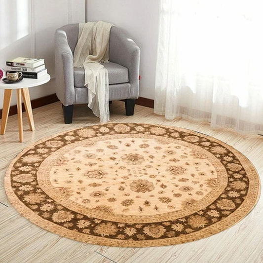 Person measuring the diameter of a round rug in a bright living room with a measuring tape