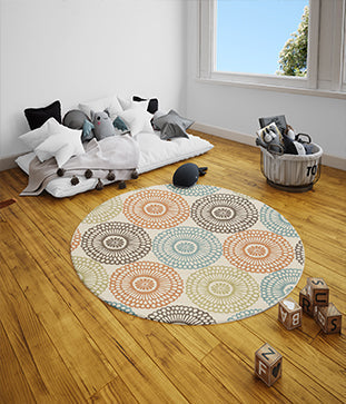 Cozy kitchen with a round rug placed under a breakfast table, adding warmth and style to a modern cooking space