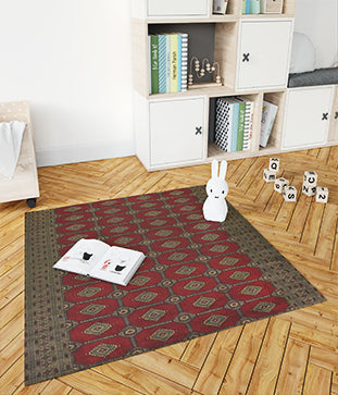 9x9 square area rug placed under a coffee table and sofa set in a cozy, modern living room setting