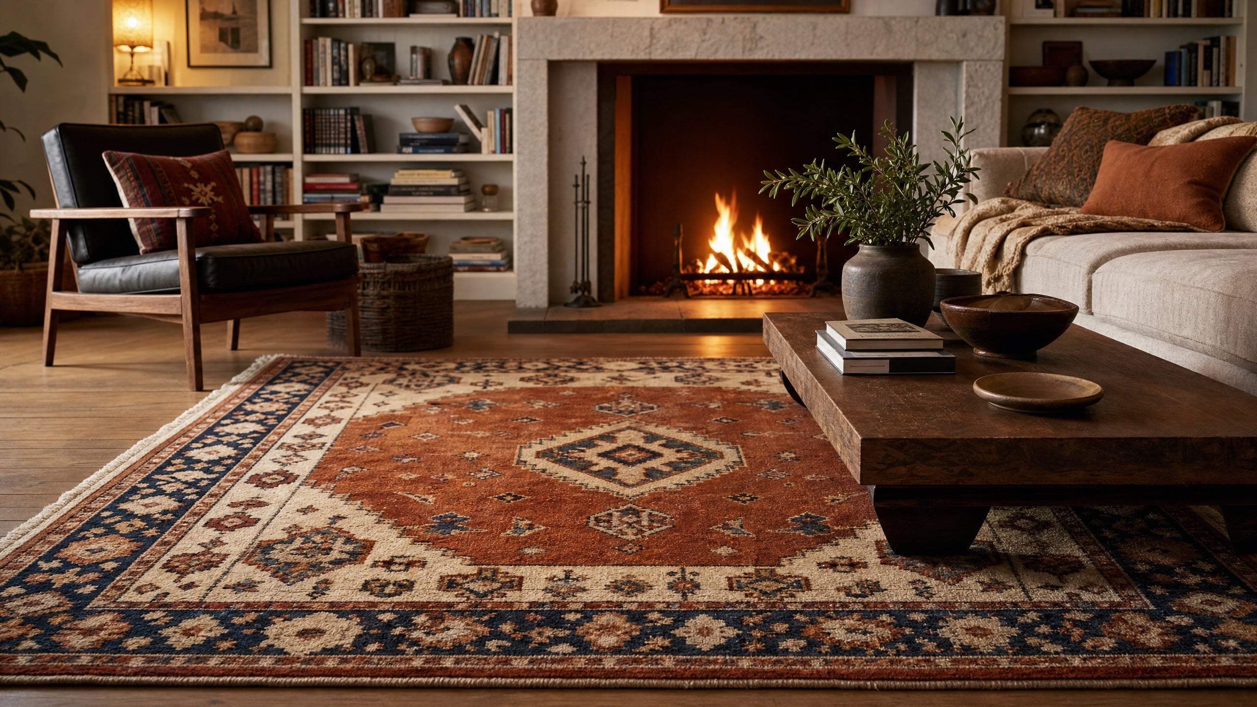 How to clean a wool rug - traditional wool rug with geometric pattern in a cozy living room with fireplace