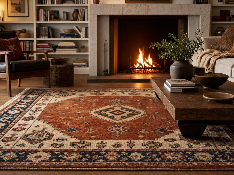 How to clean a wool rug - traditional wool rug with geometric pattern in a cozy living room with fireplace