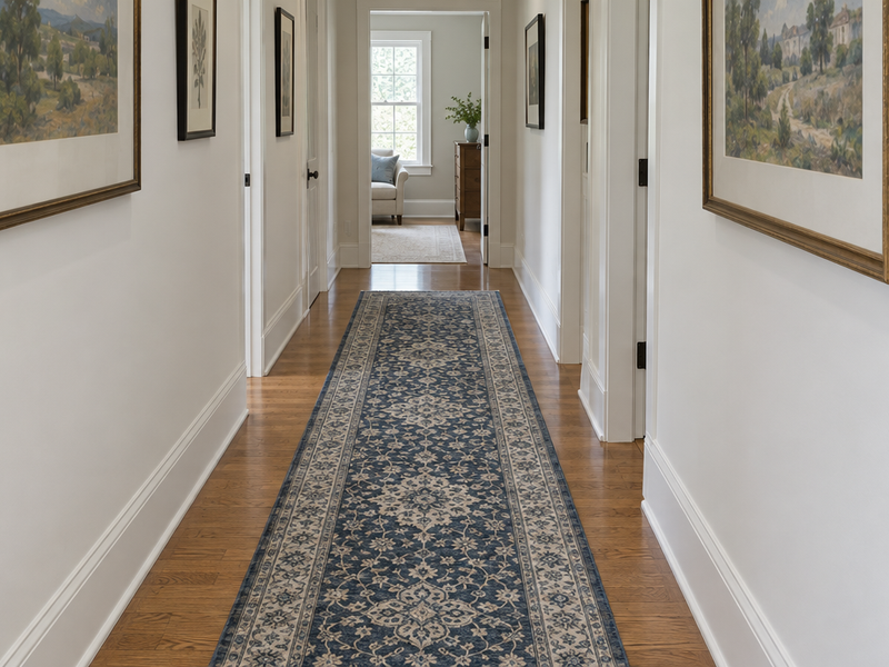Navy and ivory 2.5x10 runner rug centered in a hallway with an even strip of wood floor showing on each side