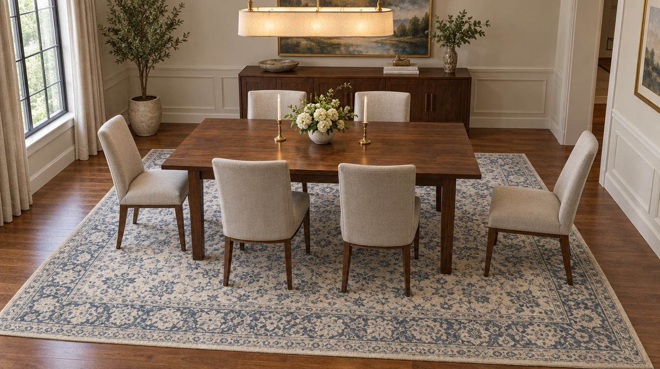 Rectangular walnut dining table with six chairs centered on an ivory and blue 8x10 wool rug, pulled-out chairs still fully on the rug