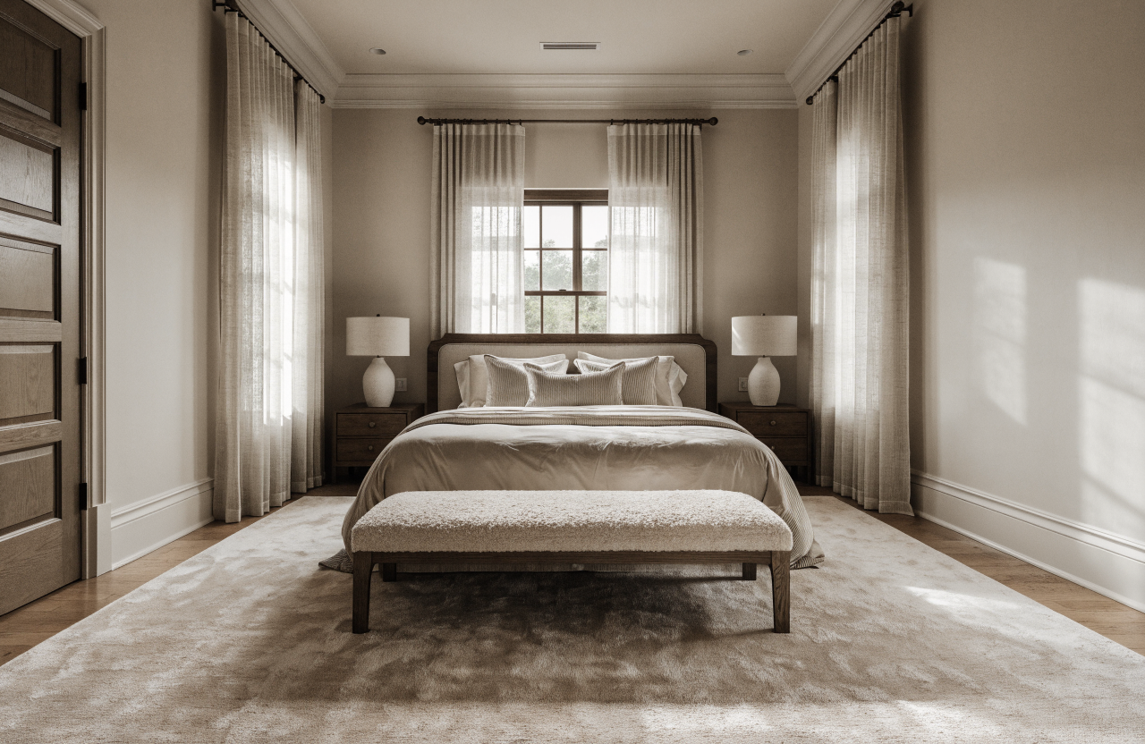 9x12 rug under a king bed in a master bedroom with 18-24 inch clearance on each side