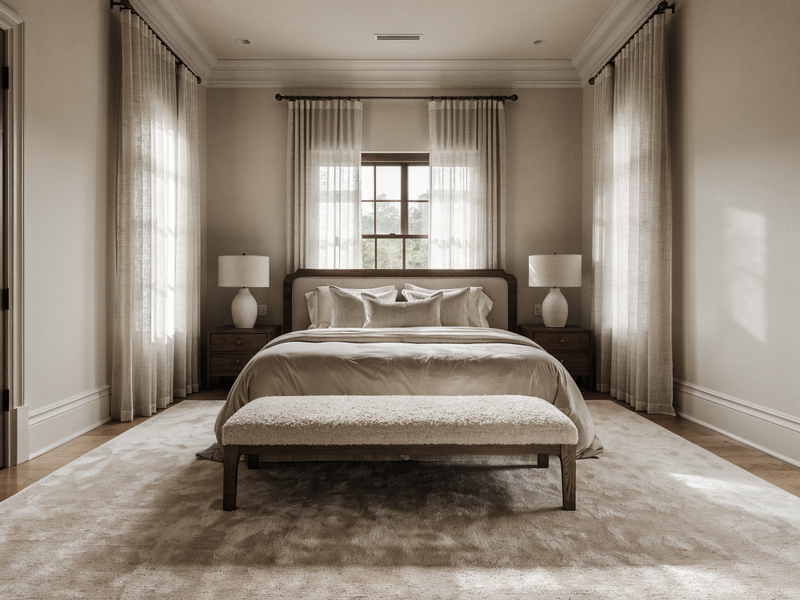 9x12 rug under a king bed in a master bedroom with 18-24 inch clearance on each side
