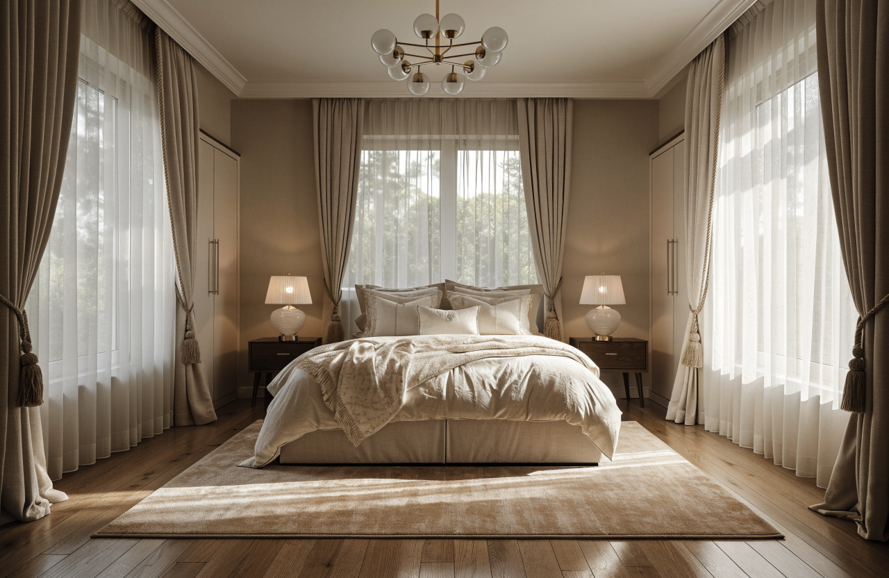 8x10 rug under a queen bed with 18 inches of rug showing on each side