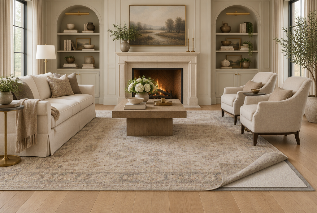Living room rug corner rolled back showing felt and rubber rug pad on hardwood floor