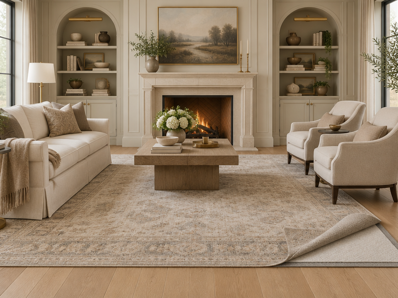 Living room rug corner rolled back showing felt and rubber rug pad on hardwood floor