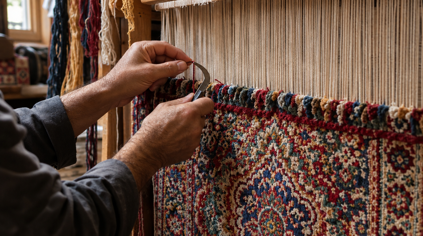 Weaver's hands tying wool knots on a vertical loom with a partly finished Persian medallion carpet