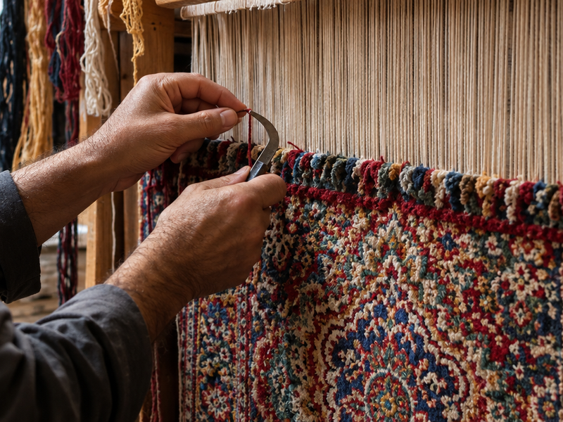 Weaver's hands tying wool knots on a vertical loom with a partly finished Persian medallion carpet