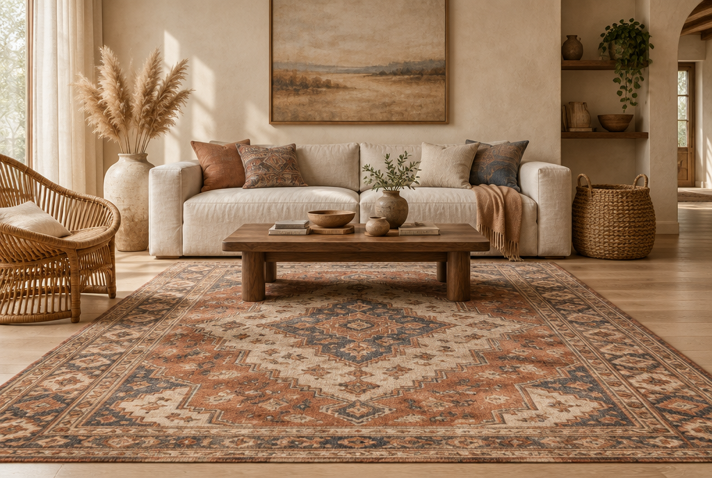 Hand-knotted boho area rug with a faded tribal medallion in terracotta, rust and indigo, in a warm neutral living room