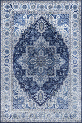 Modern printed blue area rug featuring detailed motifs and a non-slip base.