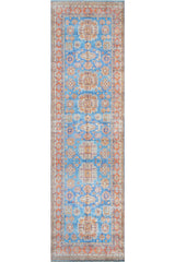 Modern blue printed cotton rug for stylish living room décor.