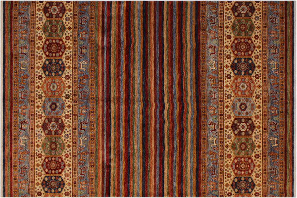 Khorjin Striped Hand-Knotted Wool Area Rug, Red and Rust 8'5" x 10'2" - full view