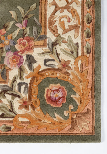 Green Floral area rug 2'3" X 8 - close-up of pattern and texture