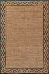 Durable jute and wool rug with natural brown and slate handwoven pattern.