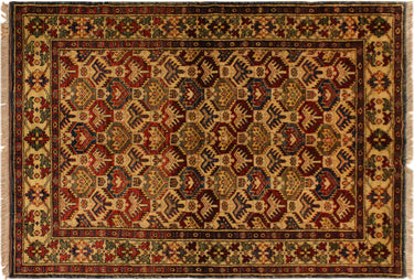 Super Kazak Hand-Knotted Wool Area Rug, Ivory and Blue 4'3" x 5'6" - full view