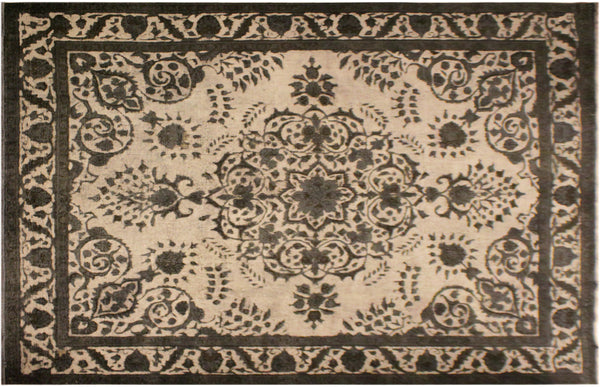 Vintage Distressed Hand-Knotted Wool Area Rug, Ivory and Charcoal 9'3" x 11'9" - full view