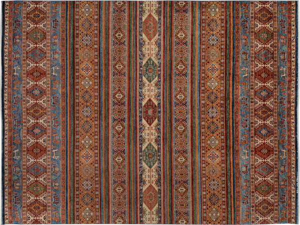 Khorjin Striped Hand-Knotted Wool Area Rug, Rust and Gold 8'10" x 11'10" - full view