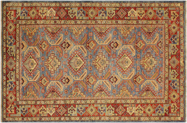 Super Kazak Hand-Knotted Wool Area Rug, Light Blue and Rust 4'8" x 6'8" - full view