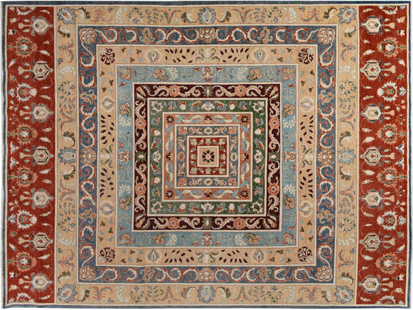 Kafkaz Hand-Knotted Wool Area Rug, Ivory and Blue 8'11" x 11'11" - full view