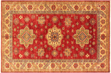 Super Kazak Hand-Knotted Wool Area Rug, Red and Light Gold 5'6" x 7'8" - full view