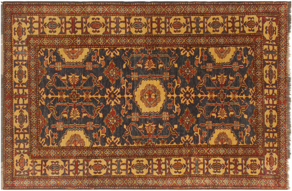Super Kazak Hand-Knotted Wool Area Rug, Navy and Ivory 3'11" x 6'3" - full view