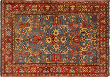 Super Kazak Hand-Knotted Wool Area Rug, Light Blue and Red 5'6" x 7'6" - full view
