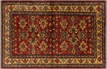 Super Kazak Hand-Knotted Wool Area Rug, Red and Tan 4'1" x 5'5" - full view