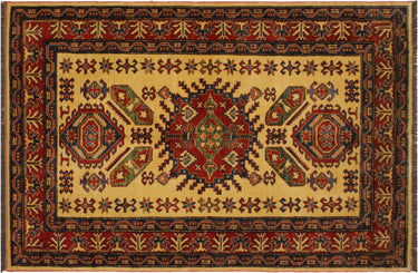 Super Kazak Hand-Knotted Wool Area Rug, Gold and Red 4'8" x 6'3" - full view