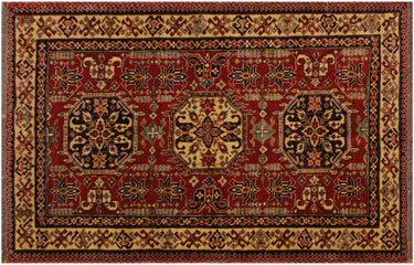 Super Kazak Hand-Knotted Wool Area Rug, Red and Tan 4'3" x 5'8" - full view