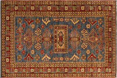 Super Kazak Hand-Knotted Wool Area Rug, Blue and Red 4'4" x 6'6" - full view