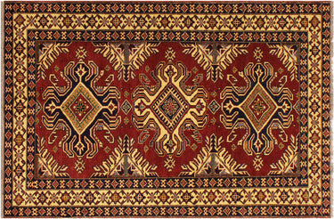 Super Kazak Hand-Knotted Wool Area Rug, Red and Ivory 4'1" x 6'0" - full view