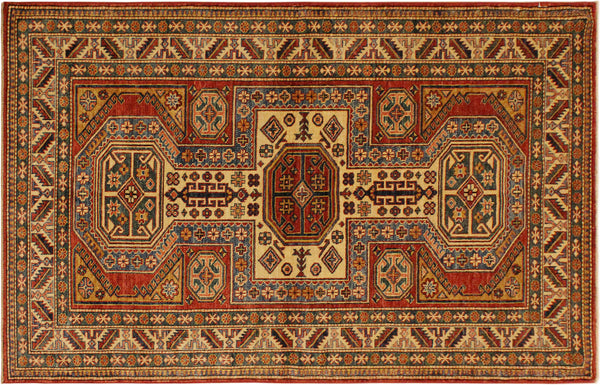 Super Kazak Hand-Knotted Wool Area Rug, Gold and Red 4'1" x 5'10" - full view