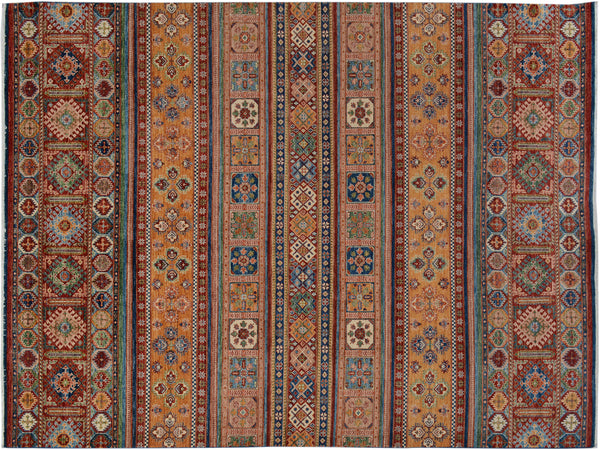 Khorjin Striped Hand-Knotted Wool Area Rug, Red and Blue 8'9" x 11'11" - full view
