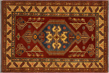 Super Kazak Hand-Knotted Wool Area Rug, Rust and Tan 4'0" x 5'5" - full view
