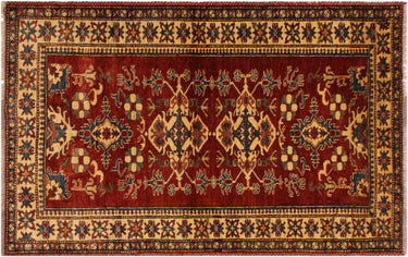 Super Kazak Hand-Knotted Wool Area Rug, Red and Light Gold 4'0" x 5'7" - full view