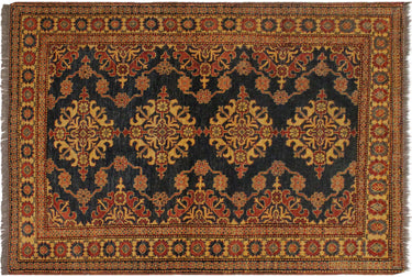 Super Kazak Hand-Knotted Wool Area Rug, Blue and Tan 4'8" x 6'1" - full view