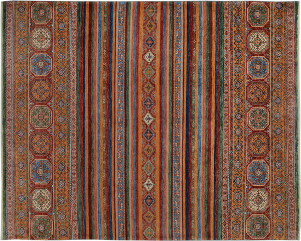 Khorjin Striped Hand-Knotted Wool Area Rug, Red and Blue 8'2" x 10'1" - full view