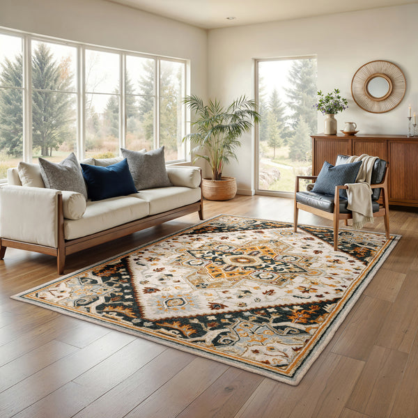 Oriental Weavers Alfresco 28407 Ivory and Charcoal Extra Large Room Anchor Medallion Area Rug - 10' x 13' lifestyle