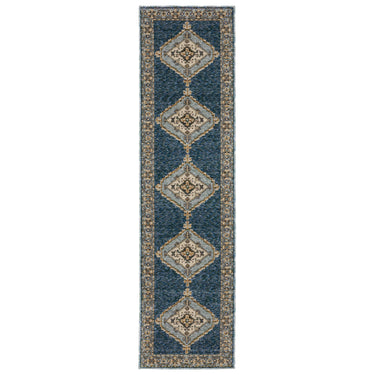 Oriental Weavers Andorra 2430A Blue and Gold Hallway Runner Medallion Runner Rug - 2'3" x 8'