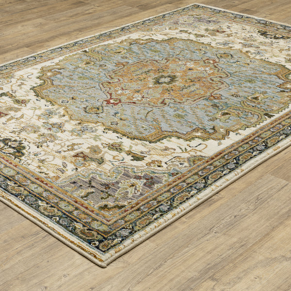 Oriental Weavers Andorra 2451B Ivory and Blue Large Seating Area Rug Polypropylene Area Rug - 6'7