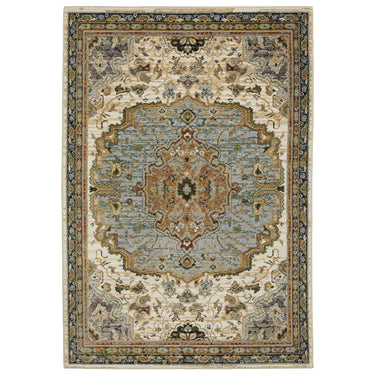 Oriental Weavers Andorra 2451B Ivory and Blue Compact Bedroom Accent Medallion Area Rug - 3'3" x 5'2"